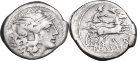 PVR series. Denarius, uncertain Campanian mint (Capua?), 203 BC. Obv. Helmeted head of Roma right; behind, X. Rev. Luna in biga right; above, murex-sh...