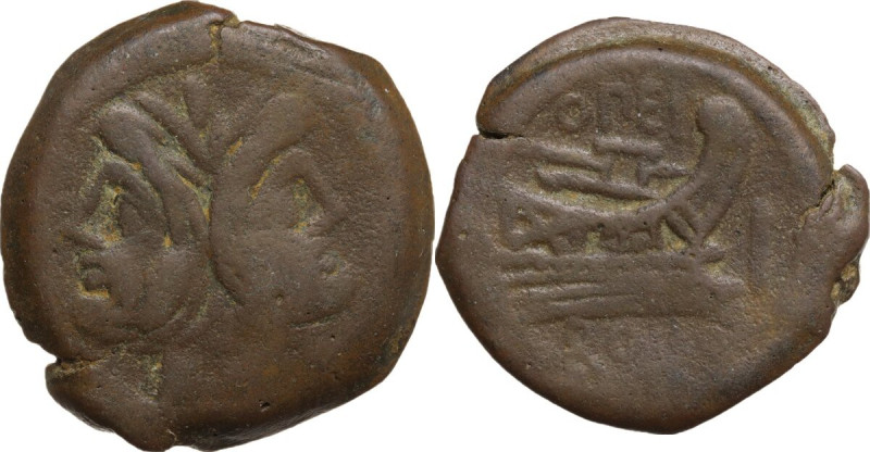 Q. Opimius. AE As, 169-158 BC. Obv. Laureate head of Janus. Rev. Prow right; abo...