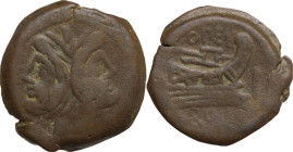 Q. Opimius. AE As, 169-158 BC. Obv. Laureate head of Janus. Rev. Prow right; above, OPEIMI ligate. Cr. 190/1. AE. 23.70 g. 33.50 mm. About VF.