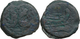 Anchor (third) series. AE As, 169-158 BC. Obv. Laureate head of Janus. Rev. Prow right; to right, anchor. Cr. 194/1. AE. 22.80 g. 31.50 mm. About VF.
