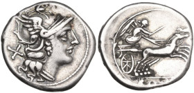 Anonymous. Denarius, Rome mint, 157-156 BC. Obv. Helmeted head of Roma right; on the left, X. Rev. Victory in biga right; below, ROMA (in frame). Cr. ...
