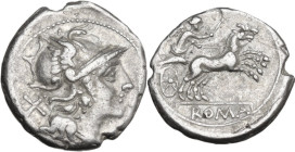 Anonymous. Denarius, Rome mint, 157-156 BC. Obv. Helmeted head of Roma right; on the left, X. Rev. Victory in biga right; below, ROMA (in frame). Cr. ...