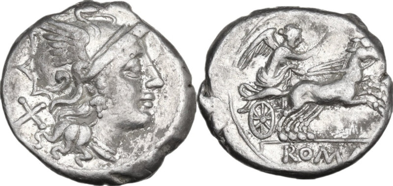 Anonymous. Denarius, Rome mint, 157-156 BC. Obv. Helmeted head of Roma right; on...