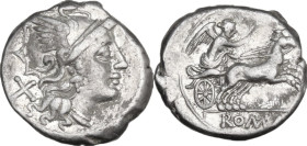 Anonymous. Denarius, Rome mint, 157-156 BC. Obv. Helmeted head of Roma right; on the left, X. Rev. Victory in biga right; below, ROMA (in frame). Cr. ...