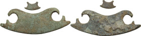 Lot of 2 bronze pelta shaped votive elements. Roman period, 3rd-2nd century BC. 102 x 32 and 24 x 11 mm.