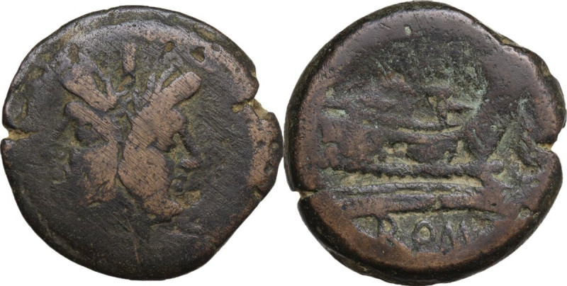 Atilius Saranus. AE As, 155 BC. Obv. Laureate head of Janus. Rev. Prow right. Cr...