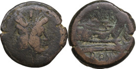 Atilius Saranus. AE As, 155 BC. Obv. Laureate head of Janus. Rev. Prow right. Cr. 199/2. AE. 21.80 g. 32.00 mm. About VF.