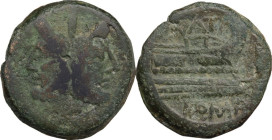 Pinarius Natta. AE As, 155 BC. Obv. Laureate head of Janus. Rev. Prow right. Cr. 200/2. AE. 21.60 g. 29.50 mm. Earthen green patina. About VF.