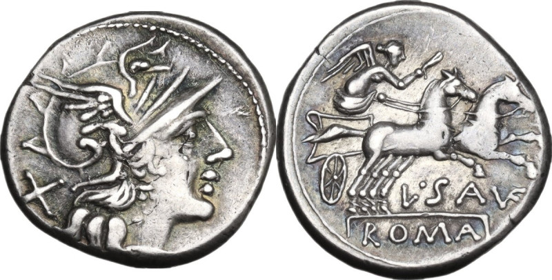 L. Saufeius. Denarius, 152 BC. Obv. Helmeted head of Roma right; behind, X. Rev....