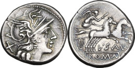 L. Saufeius. Denarius, 152 BC. Obv. Helmeted head of Roma right; behind, X. Rev. Victory in biga right; below, L·SAVF (VF ligate); in exergue or in li...