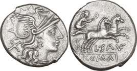L. Saufeius. Denarius, 152 BC. Obv. Helmeted head of Roma right; behind, X. Rev. Victory in biga right; below, L·SAVF (VF ligate); in exergue or in li...