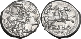 Pub. Sulla. Denarius, 151 BC. Obv. Helmeted head of Roma right; behind, X. Rev. Victory in biga right; below, P·SVLA (VL ligate); in exergue, ROMA. Cr...