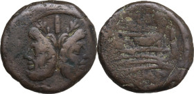 P. Cornelius Sulla. AE As, 151 BC. Obv. Laureate head of Janus. Rev. Prow right. Cr. 205/2. AE. 20.40 g. 31.00 mm. About VF.