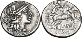 Spurius Afranius. Denarius, 150 BC. Obv. Helmeted head of Roma right; behind X. Rev. Victory in biga right; below, SAFRA; in exergue or in linear fram...