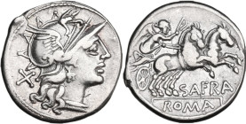 Spurius Afranius. Denarius, 150 BC. Obv. Helmeted head of Roma right; behind X. Rev. Victory in biga right; below, SAFRA; in exergue or in linear fram...