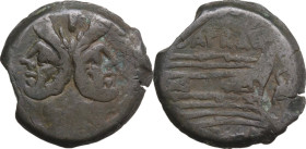 Spurius Afranius. AE As, 150 BC. Obv. Laureate head of Janus. Rev. Prow right; to right, dolphin. Cr. 206/2. AE. 15.60 g. 30.00 mm. About VF.