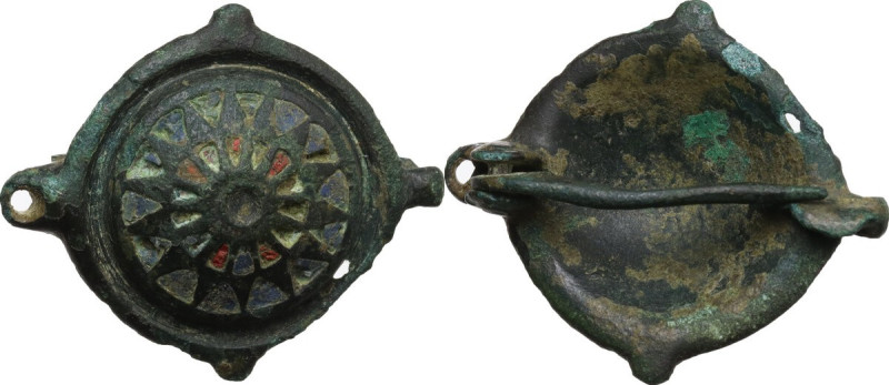 Bronze fibula with enamel inlaid. Late Roman period. 27 mm.