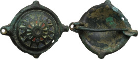 Bronze fibula with enamel inlaid. Late Roman period. 27 mm.