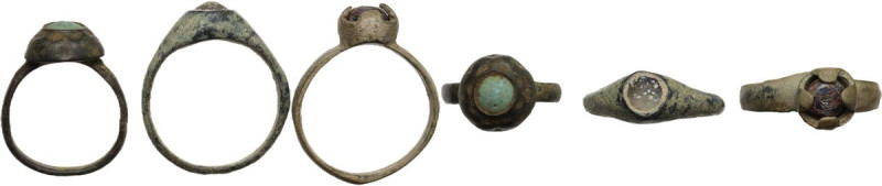 Lot of three bronze rings with glass inlays. Inner diameters: 17 mm, 17 mm and 1...