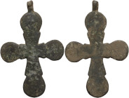 Large bronze cross pendant with slight traces of engravings. Byzantine. 83x54 mm, with the original suspension loop.