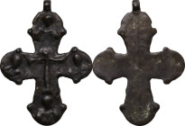 Bronze large cross pendant. Christ, in the arms the four evangelists. Late Byzantine. 12th-15th century. 68x50 mm (with original loop).