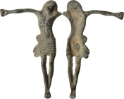Bronze Christ applique. Middle ages. One harm is missing. 74 x 47 mm.