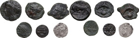 Greek Sicily. Lot of 6 unclassified coins; including 1 AR and 5 AE denominations. AR and AE. VF:About VF.