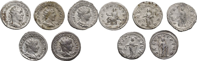 The Roman Empire. Lot of 5 unclassified AR Antoniniani; including: Gordian III a...