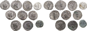 The Roman Empire. Lot of 10 unclassified AR and AE denominations; including: Augustus, Septimius Severus, Postumus, Gallienus and Salonina. AR and AE....