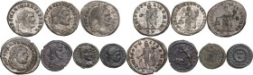 The Roman Empire. Lot of 7 unclassified AE denominations; including: Constantius II, Crispus, Maximian and Diocletian. The four big folles have traces...