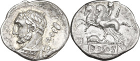 Ti. Quinctius. Denarius, 112 or 111 BC. Obv. Bust of Hercules left, seen from behind. Rev. Desultor galloping left; below, rat left between TI and Q; ...