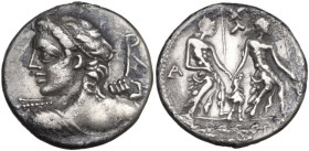 Lucius Caesius. Denarius, 112 or 111 BC. Obv. Youthful bust of Vejovis left, seen from behind, holding thunderbolt in upraised right hand; in right fi...