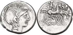 Appius Claudius Pulcher, T. Manlius Mancinus and Q. Urbinius. Denarius, 111 or 110 BC. Obv. Helmeted head of Roma right; behind, quadrangular device. ...