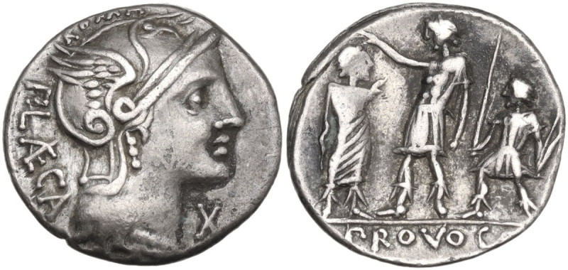 P. Laeca. Denarius, 110 or 109 BC. Obv. Helmeted head of Roma right; above, ROMA...