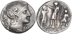 P. Laeca. Denarius, 110 or 109 BC. Obv. Helmeted head of Roma right; above, ROMA; behind, P·LAECA; below chin, X. Rev. Roman warrior standing left; pl...
