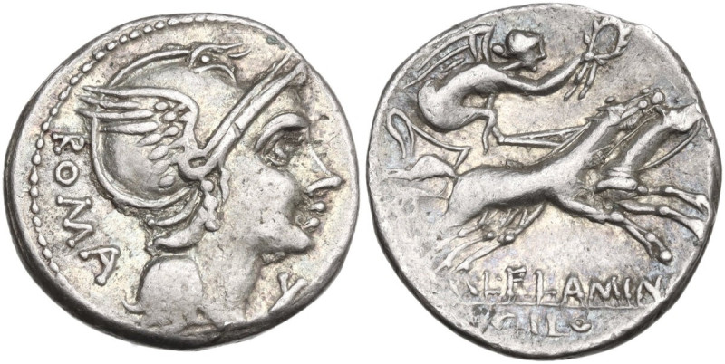 L. Flaminius Chilo. Denarius, 109 or 108 BC. Obv. Helmeted head of Roma right; b...