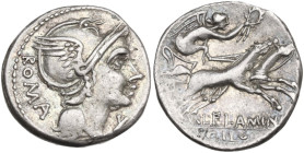 L. Flaminius Chilo. Denarius, 109 or 108 BC. Obv. Helmeted head of Roma right; behind, ROMA; below chin, X. Rev. Victory in biga right; below, L·FLAMI...