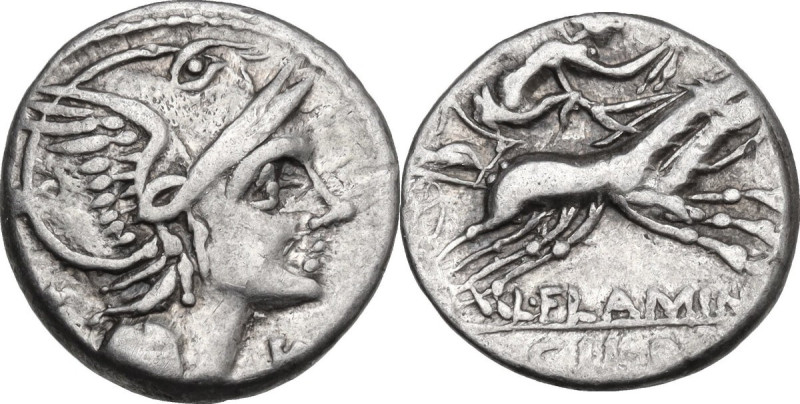 L. Flaminius Chilo. Denarius, 109 or 108 BC. Obv. Helmeted head of Roma right; b...