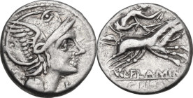 L. Flaminius Chilo. Denarius, 109 or 108 BC. Obv. Helmeted head of Roma right; behind, ROMA; below chin, X. Rev. Victory in biga right; below, L·FLAMI...