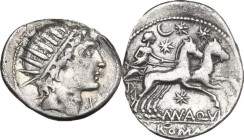 Mn. Aquillius. Denarius, 109 or 108 BC. Obv. Radiate head of Sol right; below chin, X. Rev. Luna in biga right; above, crescent and three stars; below...
