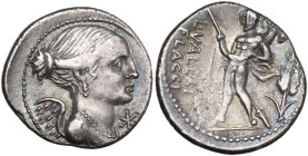 L. Valerius Flaccus. Denarius, 108 or 107 BC. Obv. Draped bust of Victory right; below chin, barred X. Rev. Mars walking left, holding spear and troph...