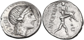 M. Herennius. Denarius, 108 or 107 BC. Obv. Diademed head of Pietas right; behind, PIETAS (TA ligate). Rev. One of the Catanean brothers running right...
