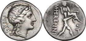M. Herennius. Denarius, 108 or 107 BC. Obv. Diademed head of Pietas right; behind, PIETAS (TA ligate). Rev. One of the Catanean brothers running right...