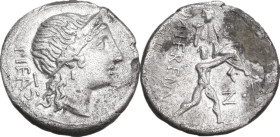 M. Herennius. AR Denarius, 108-107 BC. Obv. Diademed head of Pietas right; PIETAS behind. Rev. One of the Catanean brothers running right, carrying hi...