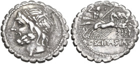 L. Scipio Asiagenus. Denarius serratus, 106 BC. Obv. Laureate head of Jupiter left. Rev. Jupiter in quadriga right; above, to left of sceptre, dot; in...