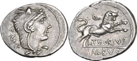 L. Thorius Balbus. Denarius, 105 BC. Obv. Head of Juno Sospita right, wearing goat-skin; behind, I·S·M·R. Rev. Bull charging right; above, Q; below, L...