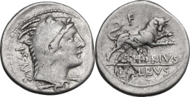 L. Thorius Balbus. Denarius, 105 BC. Obv. Head of Juno Sospita right, wearing goat-skin; behind, I·S·M·R. Rev. Bull charging right; above, F; below, L...
