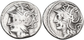 L. Appuleius Saturninus. Denarius, Rome mint, 104 BC. Obv. Helmeted head of Roma left; behind, control-mark. Rev. Helmeted head of Roma left; behind, ...