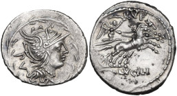 Mn. Lucilius M.f. Denarius, 101 BC. Obv. Helmeted head of Roma right; behind, PV; around, laurel-wreath. Rev. Victory in biga right; above, RVF; in ex...