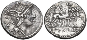 C. Fundanius. Denarius, 101 BC. Obv. Helmeted head of Roma right; behind, dot and B. Rev. Triumphator in quadriga right; youth on nearest horse; above...
